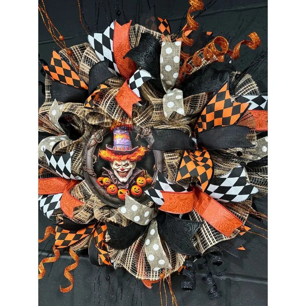 Halloween Wreath For Front Door Scary Clown Orange and Black Handmade 28 in